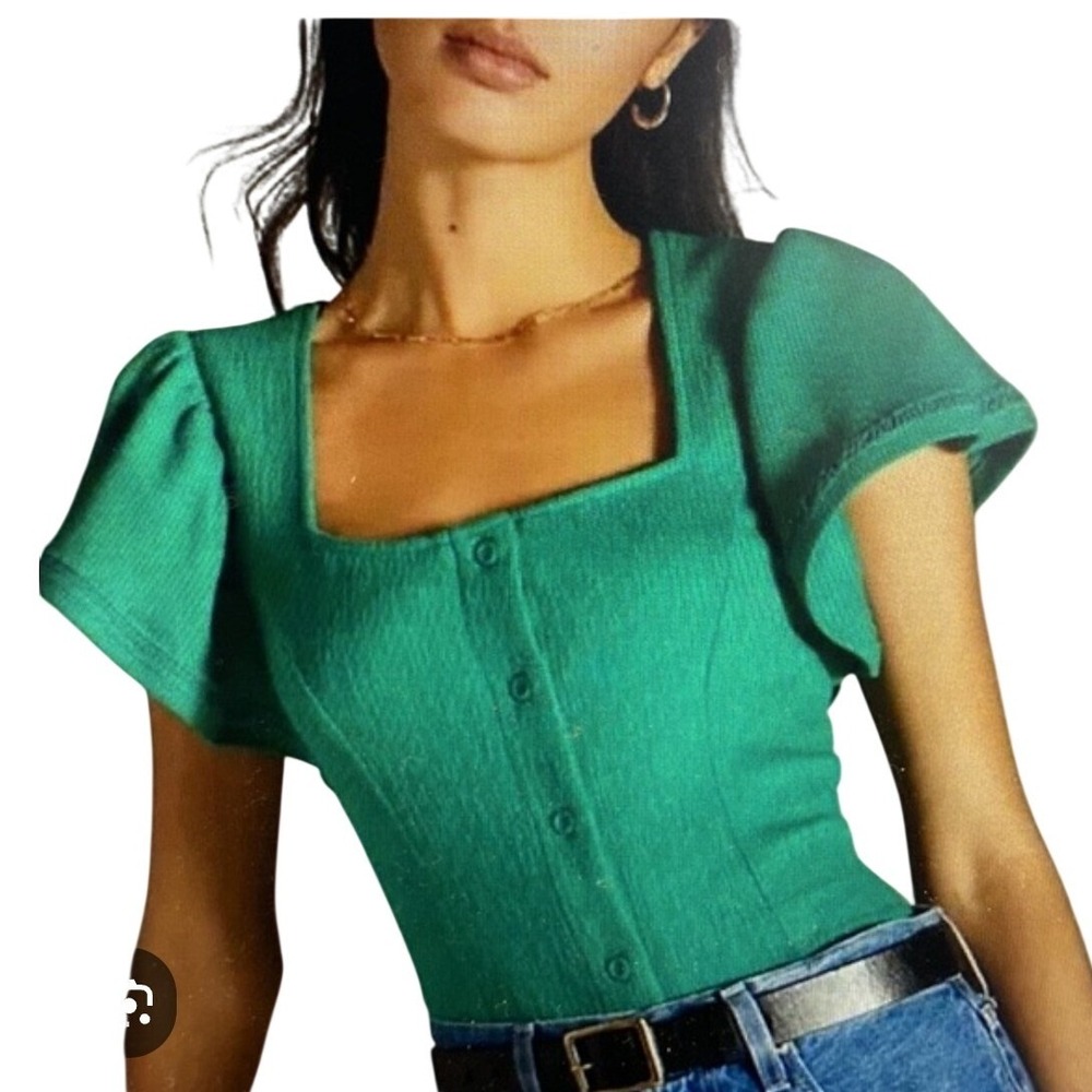 Dolan Left Coast Collection Top Green Flutter Sleeve Square Neck Button XXS